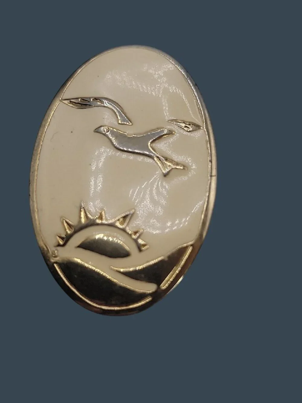 Bird In Flight Over Sunset Brooch Pin Cream Enamel Gold Tone Coastal Aviation